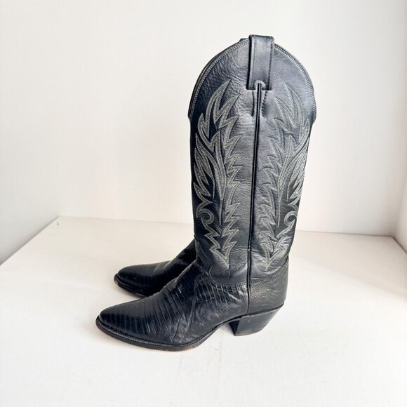 Vintage Justin Black Embroidered Cowboy Tall Boots 6B - Picture 6 of 8